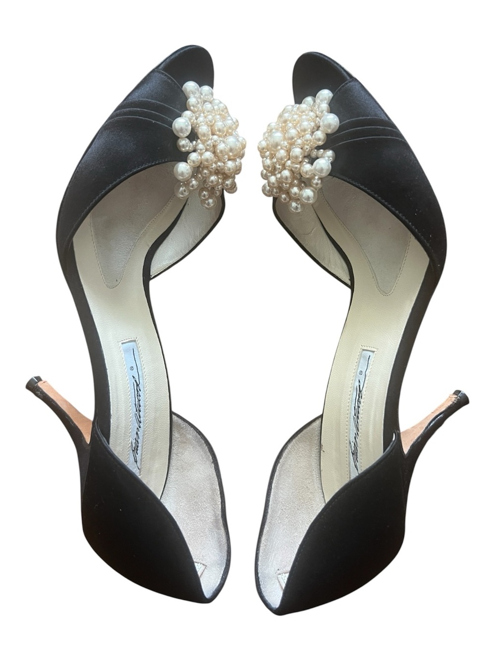 Brian Atwood Blk Satin Peep Toe d'Orsay Pearl Cluster Heels SZ 38 Party Wedding - Picture 6 of 12